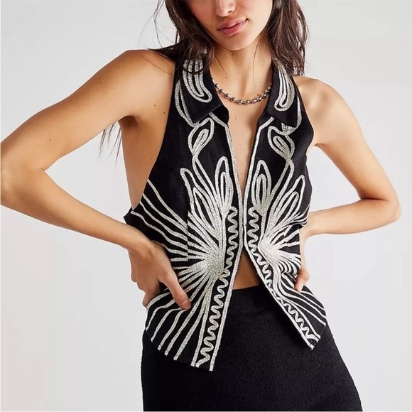 Free People NWOT Head West silver metallic embroidered vest - small - Picture 3 of 5